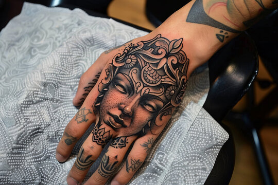 tattoo with buddha face on the hand