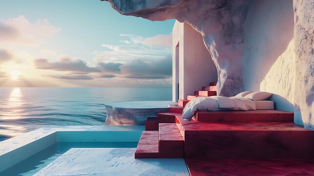 an AI image of a bedroom with red steps, echoing the aesthetics of the Olympus XA2, infused with Mediterranean elements, and showcasing the allure of the ocean with a focus on geometric design