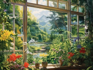 Through a glass window, a lush green garden unfolds like a painting. Vibrant foliage and colorful blooms create a tranquil oasis. 