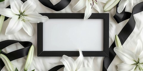 Monochrome photo frame adorned with white flowers and black ribbons.  Copy Space. Generative AI