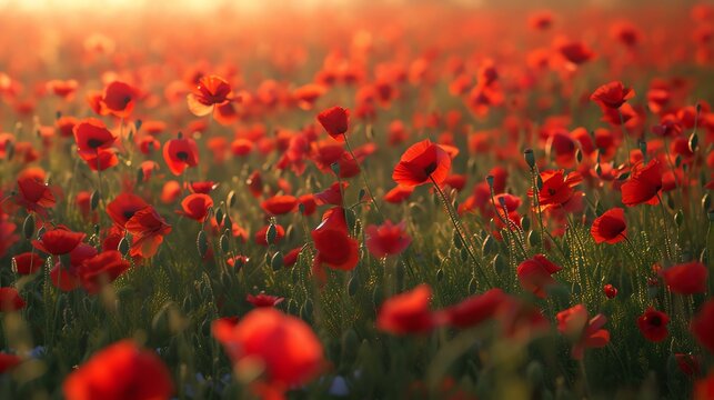 A field of red poppies in full bloom. The sun is setting, casting a warm glow over the flowers.