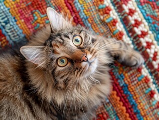 Infuse charm into the top-down cat view with a playful pose and quirky expression, set in a whimsical backdrop.