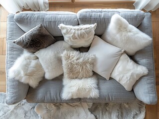 Inspire a feeling of warmth and comfort by framing a handheld shot focusing on a pile of fluffy pillows arranged on a sofa, enhancing the idea of a welcoming and cozy space