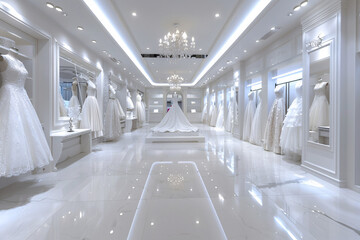 Luxury white interior of store with beautiful wedding dresses