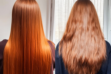 Two women with long hair, one with a red streak
