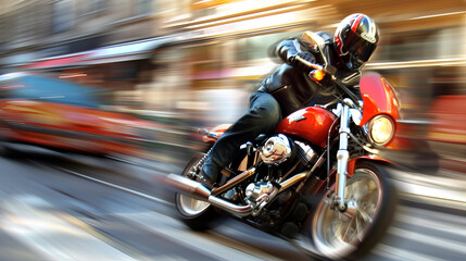 Motorcycle in motion blur. Biker on motorcycle.