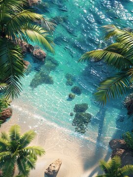 Transform a top-down perspective of a tropical beach and lagoon into a captivating visual masterpiece Emphasize the beauty of sun-kissed shorelines