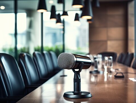 conference room with a blurred background, a sleek black microphone stands ready. Its presence commands attention, symbolizing communication and collaboration.