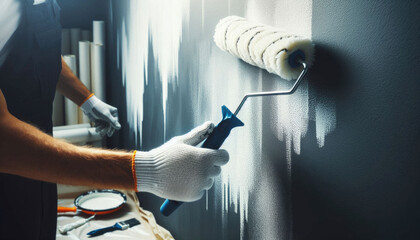 Close-up of a painter's hands in white gloves painting a wall with a paint roller, home renovation. New home concept. - obrazy, fototapety, plakaty