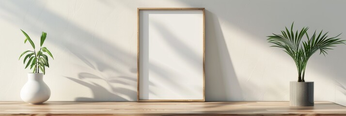 A wood rectangle mirror hangs on a wall near two potted plants.  Copy Space. Generative AI