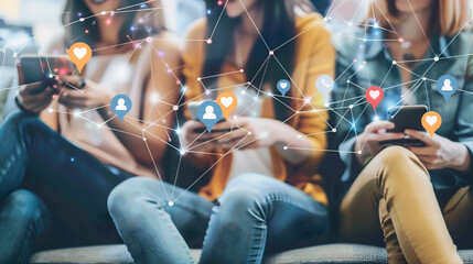 Group of young people using mobile phones and social network connection. Social media concept.