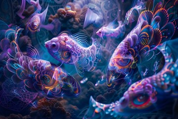 Psychedelic image of geometric creatures in otherworldly dimensions inspired by DMT or LSD hallucinations. Concept Psychedelic Art, Geometric Creatures, Otherworldly Dimensions, DMT Inspiration - obrazy, fototapety, plakaty
