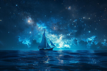 A sailor navigating the open sea, guided by the stars in the distant night sky. Concept of maritime...