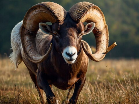 A wild mountain ram with curved horns.