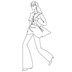 Fashion Illustration for coloring, walking woman in stylish outfits on the white background, seventies style. Shopping.  Business suit, office core