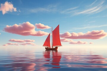 a sailboat on water with pink clouds in the sky - obrazy, fototapety, plakaty