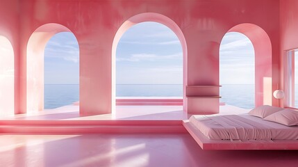an AI image of a bedroom with pink steps, inspired by the Olympus XA2 aesthetic, infusing Mediterranean vibes, and highlighting geometric details against the backdrop of captivating ocean views
