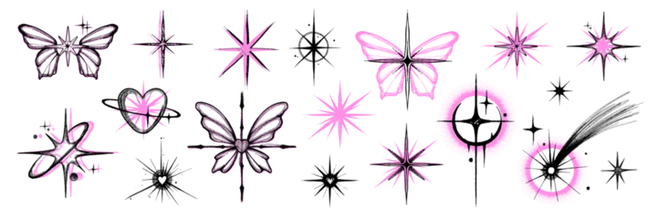 Foto op Plexiglas Y2k stars icon set, vector girly emo romance tattoo, pink black sparkle shapes, dot texture design. Simple decoration doodle kit, butterfly, heart shape, comet, 90s sticker print. Abstract y2k stars © Oleksandra