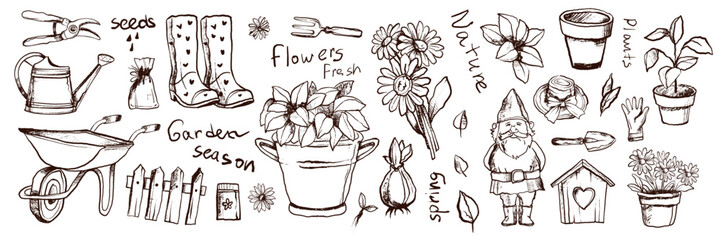 Garden doodle set, spring agriculture sketch, vector hand drawn flower illustration, farm plants. Scribble line organic floral clipart, gardening tools, seedling, nature summer element. Garden doodle
