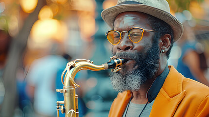 Man playing saxophone outdoors on International, International jazz day and World Jazz festival. player and band musicians on stage in fest. Generative Ai  - obrazy, fototapety, plakaty
