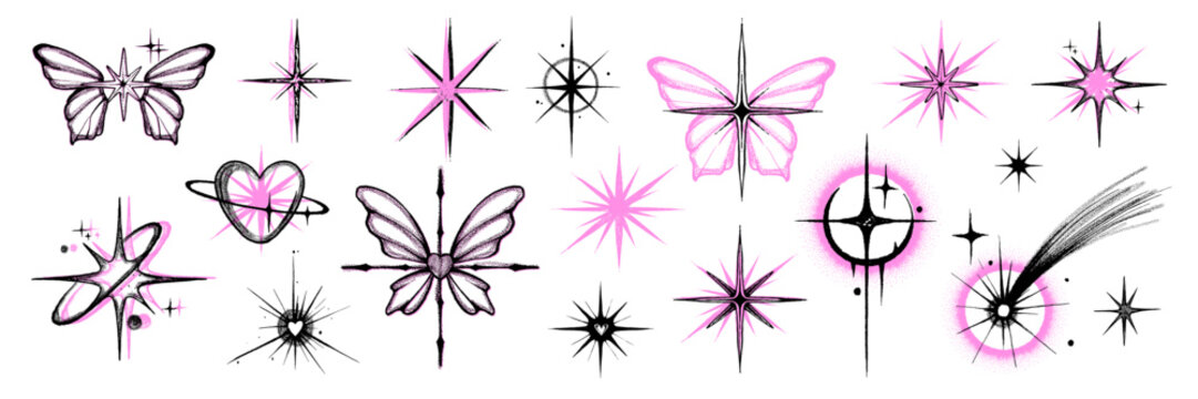 Y2k stars icon set, vector girly emo romance tattoo, pink black sparkle shapes, dot texture design. Simple decoration doodle kit, butterfly, heart shape, comet, 90s sticker print. Abstract y2k stars