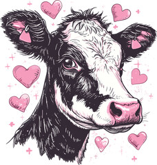 Valentine's day card with a cute cow, hand drawn style print. Vector illustration.