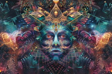 Psychedelic image of geometric creatures in other dimensions inspired by DMT or LSD experiences. Concept Psychedelic Art, Geometric Creatures, Other Dimensions, DMT Experience, LSD Inspiration