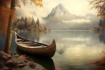 a canoe on a lake - obrazy, fototapety, plakaty