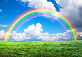 Watercolor illustration of a field with rainbow. AI generated