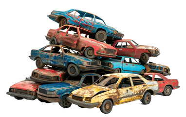 Pile of recycled waste cars isolated on white or transparent background
