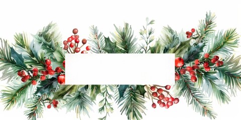 Watercolor winter garland with pine branches, holly leaves and berries isolated on a white background, white banner in the middle for text.