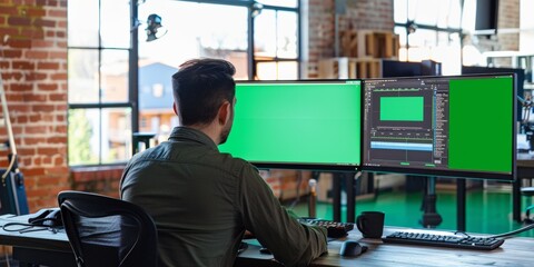 Man at desk with two computer monitors displaying green screens. Generative AI