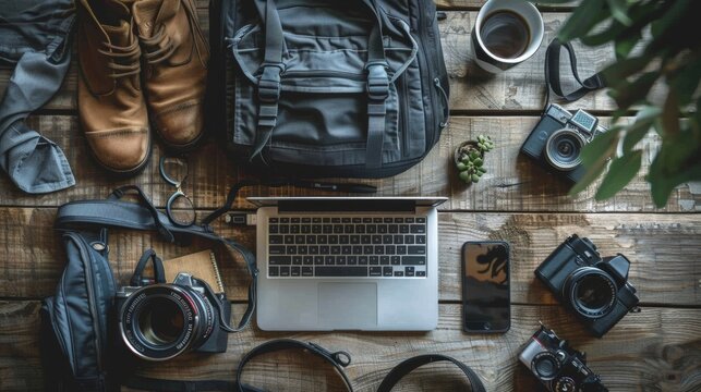 Travel Bloggers Desk With Laptop and Photography Gear