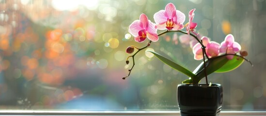 Pink orchid branch in pot on window