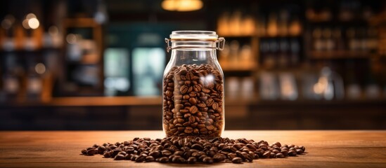 A close-up view of a glass jar overflowing with roasted coffee beans placed on a rustic wooden table - obrazy, fototapety, plakaty
