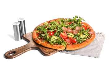 Wooden board of delicious pizza with tomatoes and arugula on white background