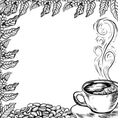 Coffee frame with a cup and coffee branches, black and white vector illustration hand-drawn. For packaging, postcards and labels. For banners, flyers, menus and posters.