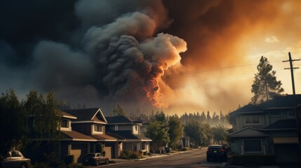 Green trees and houses form a backdrop to a town in crisis, a fire's orange glow and smoke dominating the night sky.