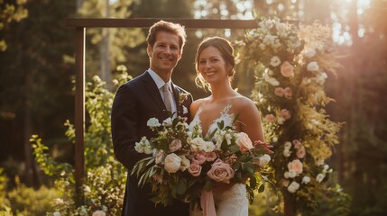 bride and groom standing on a stage with an outdoor backdrop. They hold a bouquet of flowers with joyful smiles on their faces