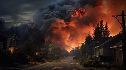 Houses nestled among green trees, yet a menacing fire disrupts the town, its smoke staining the night sky.