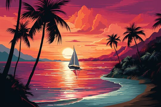 a sailboat on the water with palm trees and a sunset