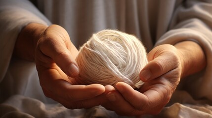 The pleasure of knitting: A close-up of hands manipulating a skein of white yarn to create a cozy creation. - obrazy, fototapety, plakaty