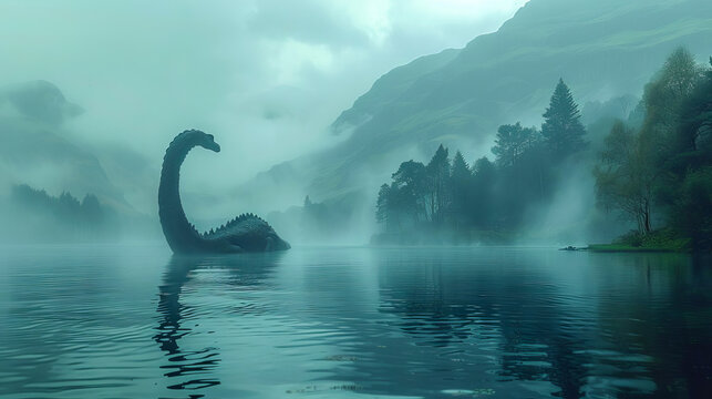 The mystical Loch Ness monster swims across the lake.