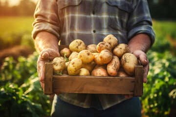 A farmer carries a box of fresh potatoes across a field. close-up. agriculture concept - obrazy, fototapety, plakaty