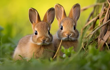Foto op Aluminium two baby hares in green summer wood grass Easter holiday card © Oleksiy