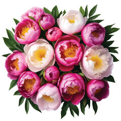 Top view beautiful flower arrangement isolated on white background with Peony