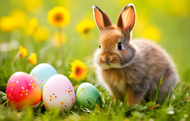 baby hare and colorful eggs in green summer wood grass Easter ho