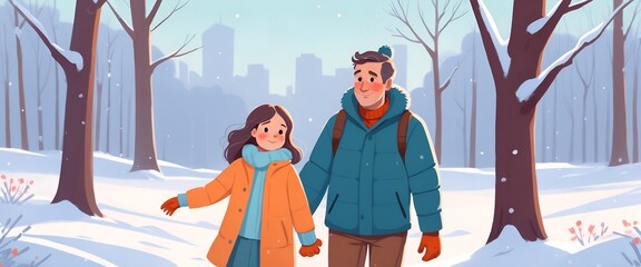 Father and daughter child in winter snow landscape - 769084987