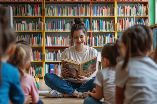 teacher sitting while holding a book in the library. Excited young children gather around, sitting orderly and ready to listen to their teacher's story