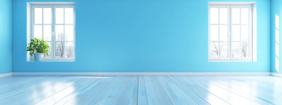 blue virtual empty room background backdrop banner image with window for online presentations and zoom meetings